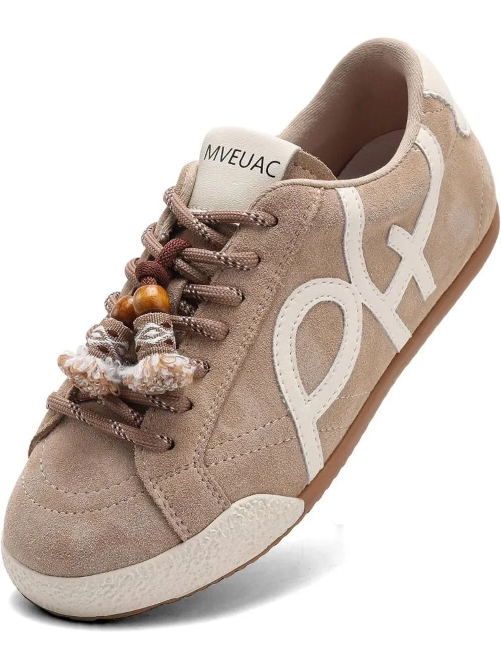 Women's Apricot Leather Lightweight Retro Gum Sole Walking Fashion Sneakers